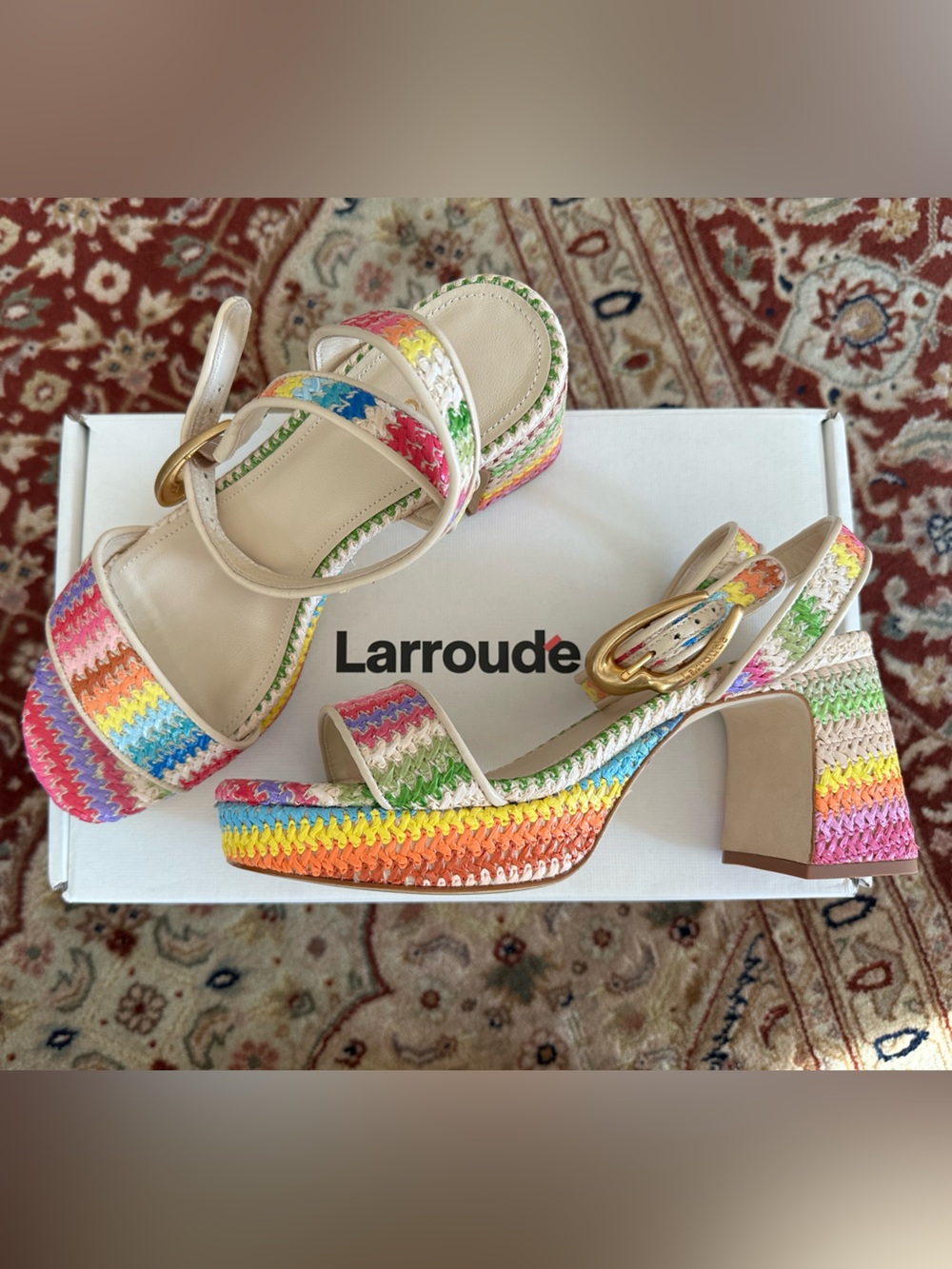 Larroude Multicolor Woven Rainbow Platform Wedges